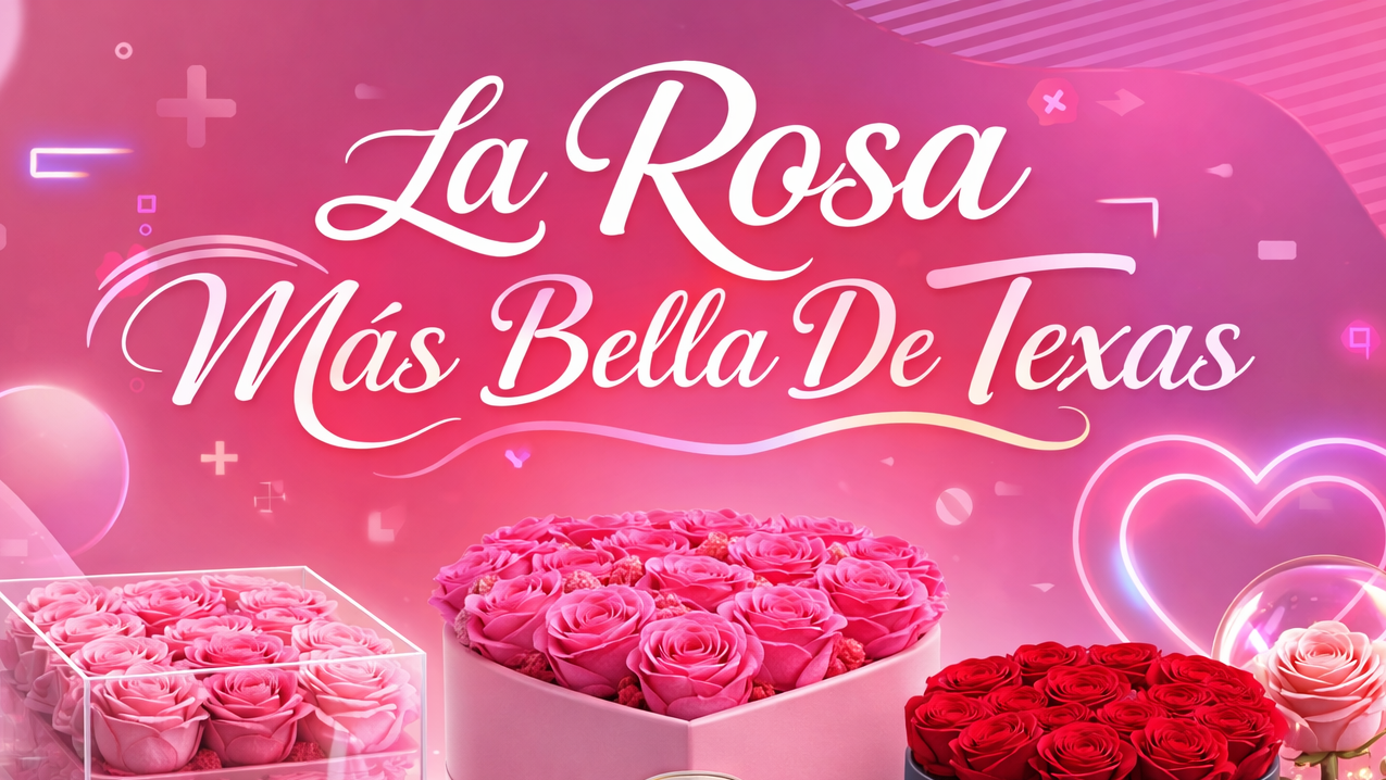 Decorative image of rose boxes with 'La Rosa Mas Bella De Texas' text on a pink background.